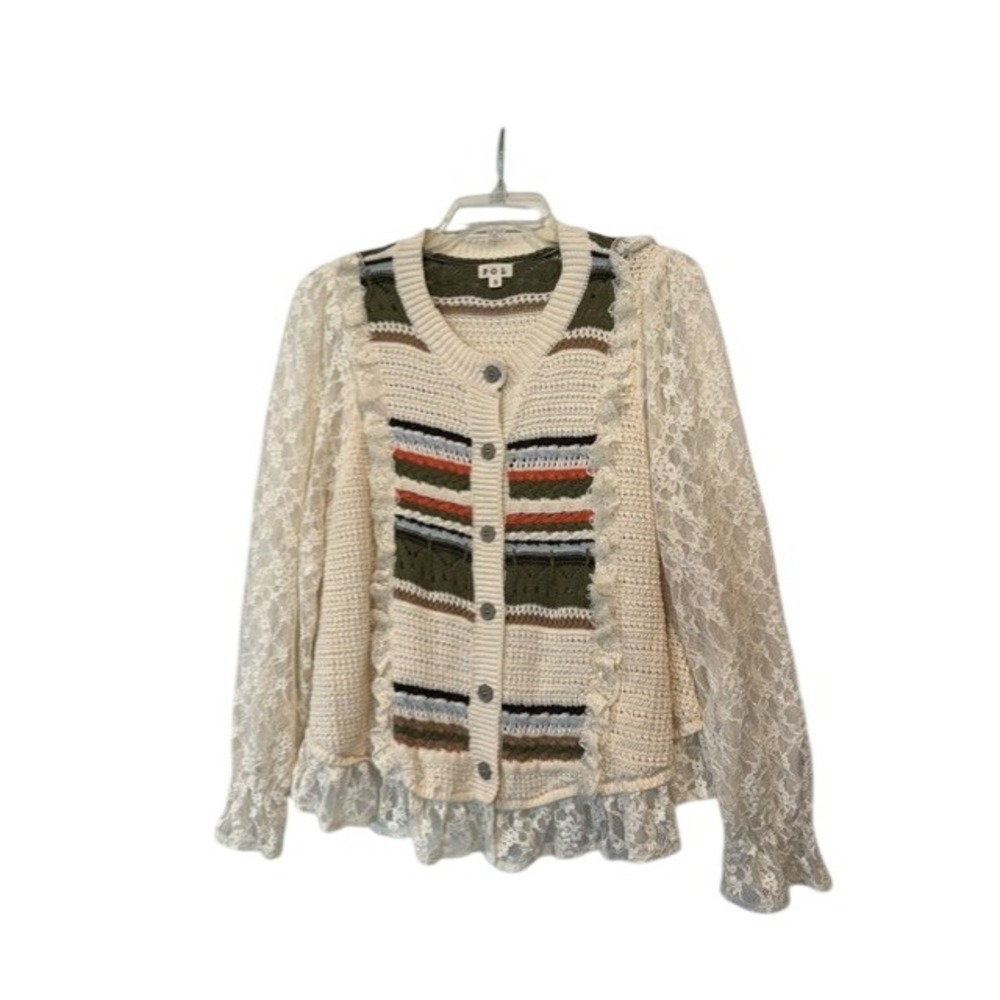 POL Womens Crochet Knit Lace Sleeve Cardigan Sweater Cream Olive Boho YST388 S